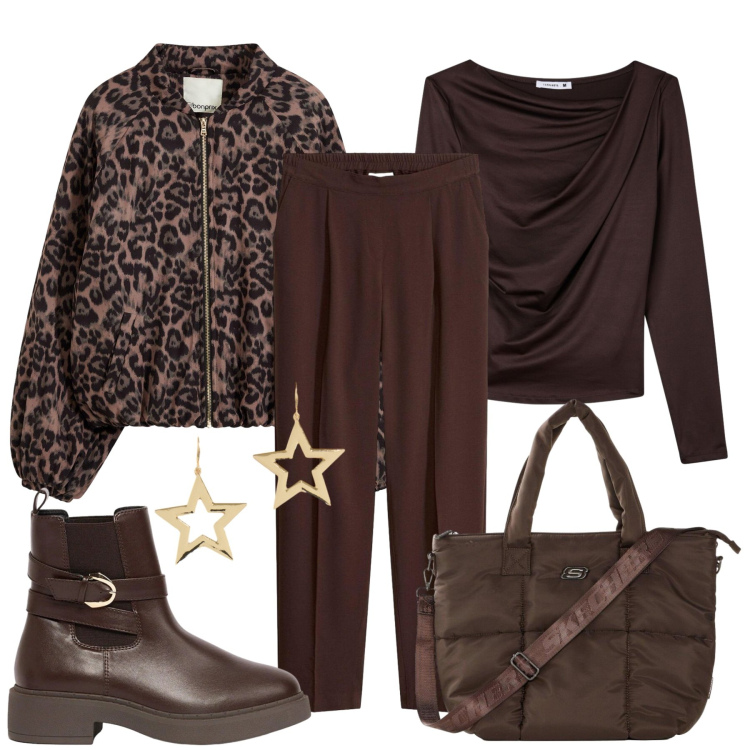 Outfit donna - Sfumature di marrone. Stile Basic per Tutti i giorni. Abbinamento con orecchini, t-shirt, pantaloni, bomber, shopping bag, stivaletti.