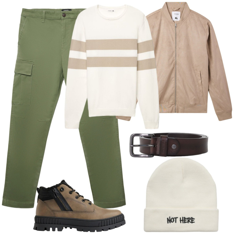 Outfit uomo - Autunno casual. Stile Casual per Tutti i giorni. Abbinamento con cinture, maglieria, bomber, pantaloni cargo, berretti, stivali e stivaletti.