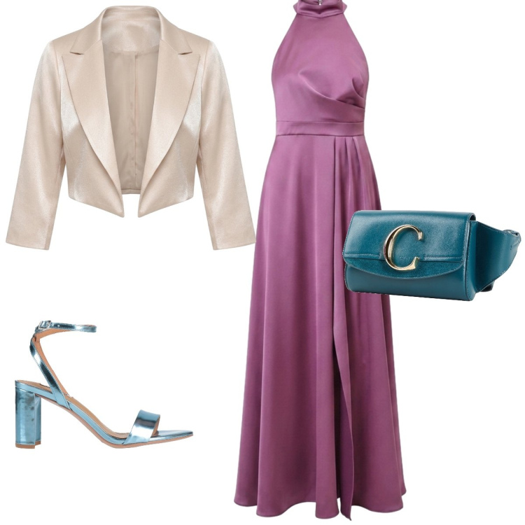 Outfit donna - Serata elegante. Stile Glamour per Cerimonia. Abbinamento con vestiti lunghi, bolero, marsupi, sandali in pelle.