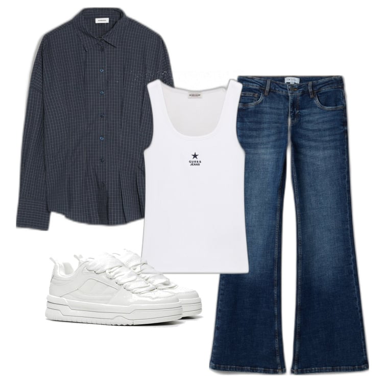 Outfit mujer - Urban #4403. Estilo Urban para Todos los días. Combinación con camisas, vaqueros bootcut, top, sneakers.