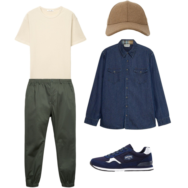 Outfit uomo - City Explorer. Stile Casual per Tutti i giorni. Abbinamento con pantaloni, t-shirt, cappelli con visiera, sneakers, camicie.
