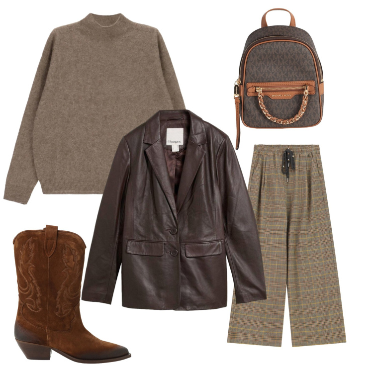 Outfit donna - Office trendy. Stile Glamour per Ufficio. Abbinamento con pullovers, stivaletti texani, pantaloni a palazzo, zaini, blazer.