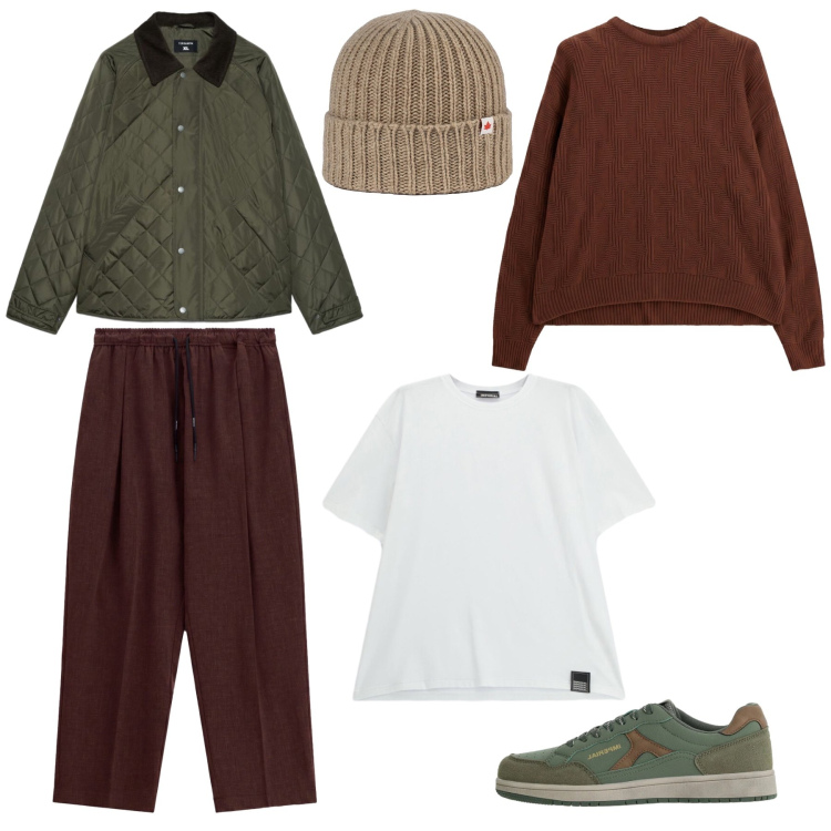 Outfit uomo - Materia e Colore: L'Autunno Caldo. Stile Urban per Tutti i giorni. Abbinamento con maglieria, pantaloni, t-shirt, sneakers, berretti, giacche.