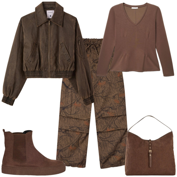Outfit donna - Urban in città ogni giorno. Stile Urban per Tutti i giorni. Abbinamento con pantaloni cargo, bomber, t-shirt, shopping bag, stivaletti chelsea.