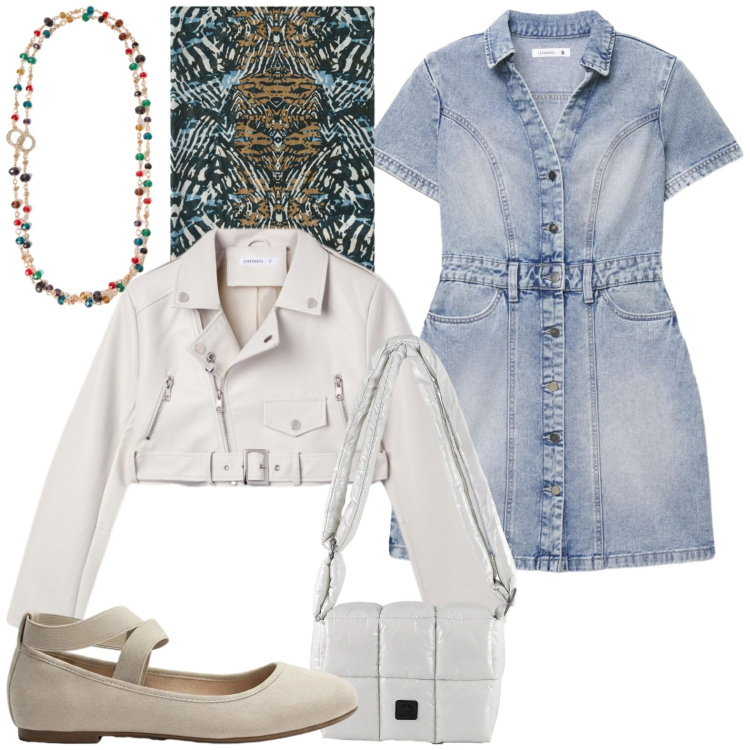 Outfit donna - Ottobre caldo. Stile Casual per Tutti i giorni. Abbinamento con collane, foulard, borse a spalla, vestiti corti, giacche, ballerine.