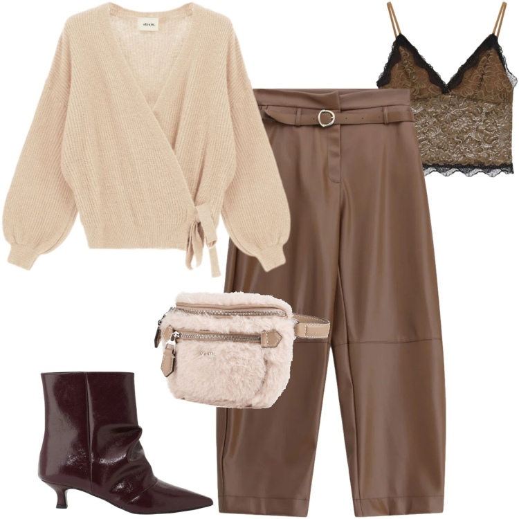Outfit donna - Colori caldi ad ottobre. Stile Glamour per Tutti i giorni. Abbinamento con pantaloni, top, stivaletti, cardigans, marsupi.