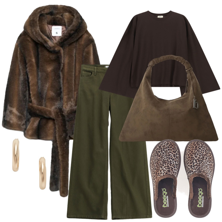 Outfit donna - Ottobre. Stile Trendy per Tutti i giorni. Abbinamento con orecchini, pantaloni a palazzo, borse a spalla, t-shirt, blazer, pantofole.