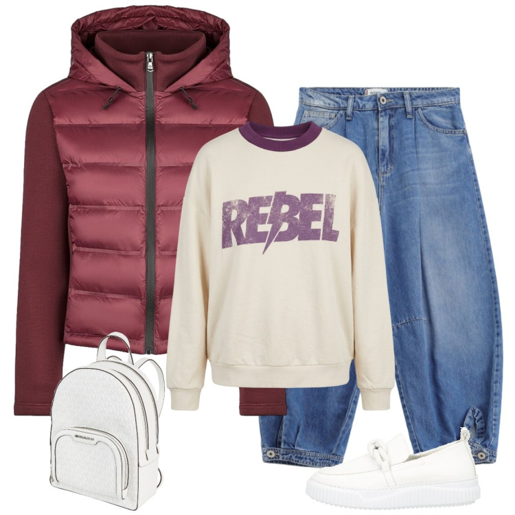 Outfit donna - Total look #2492767. per Scuola/Università. Abbinamento con jeans, felpe, piumini, mocassini, zaini.