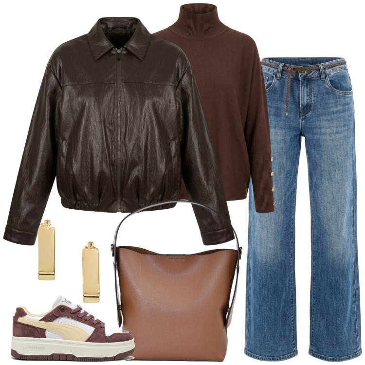 Outfit donna - Al cioccolato. Stile Casual per Tutti i giorni. Abbinamento con orecchini, borse a mano, bomber, jeans, pullovers, sneakers.