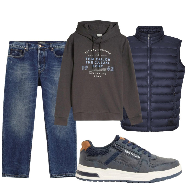 Outfit uomo - Total look #2492773. Stile Casual per Tutti i giorni. Abbinamento con jeans dritti, piumini, sneakers, felpe con cappuccio.
