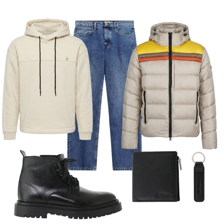 Outfit uomo - Total look #2492774. Stile Casual per Tutti i giorni. Abbinamento con anfibi, felpe con cappuccio, jeans, portafogli, piumini.