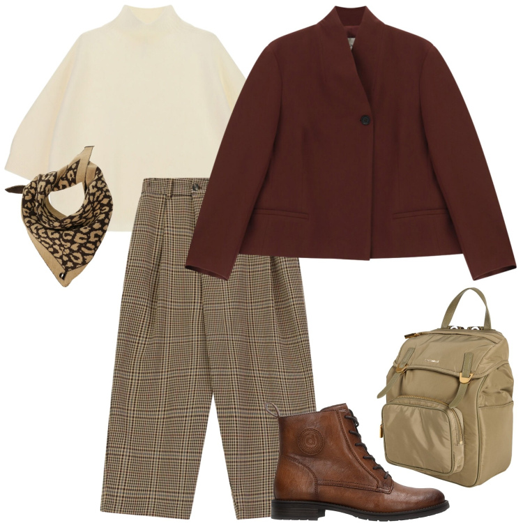 Outfit donna - Weekend out of Town. Stile Casual chic per Tutti i giorni. Abbinamento con maglieria, pantaloni, blazer, foulard, zaini, anfibi.