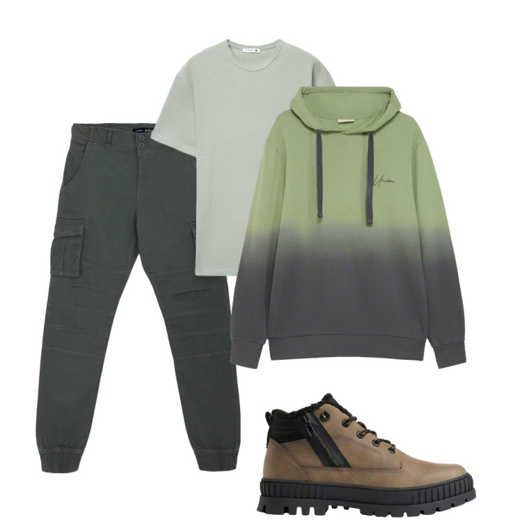 Outfit uomo - Total look #2492782. Stile Casual per Tutti i giorni. Abbinamento con pantaloni cargo, t-shirt, stivali e stivaletti, felpe con cappuccio.