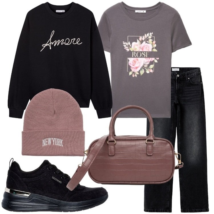 Outfit donna - Terranova - Fall Mid Season Sale. Stile Casual per Tutti i giorni. Abbinamento con felpe, jeans, t-shirt, borse a tracolla, berretti, sneakers.