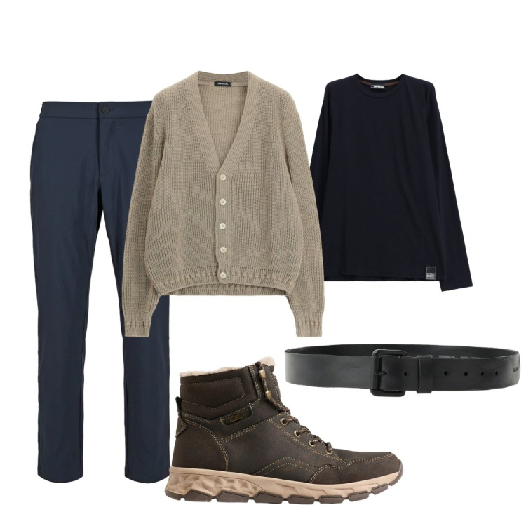 Outfit uomo - Il cardigan autunnale. Stile Trendy per Tutti i giorni. Abbinamento con cardigans, cinture, t-shirt, pantaloni, stivali e stivaletti.