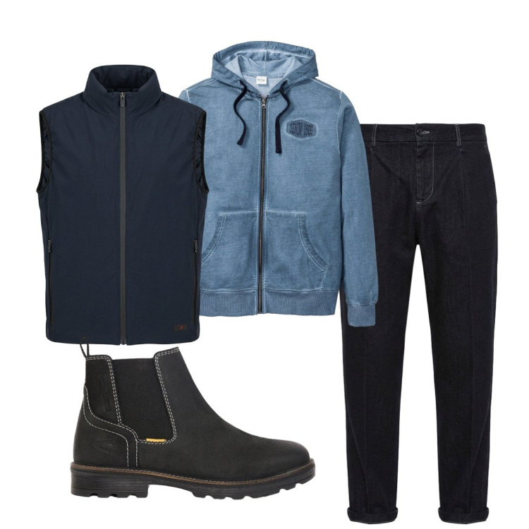 Outfit uomo - Total look #2492807. Stile Casual per Tutti i giorni. Abbinamento con jeans, piumini, felpe con cappuccio, stivali e stivaletti.