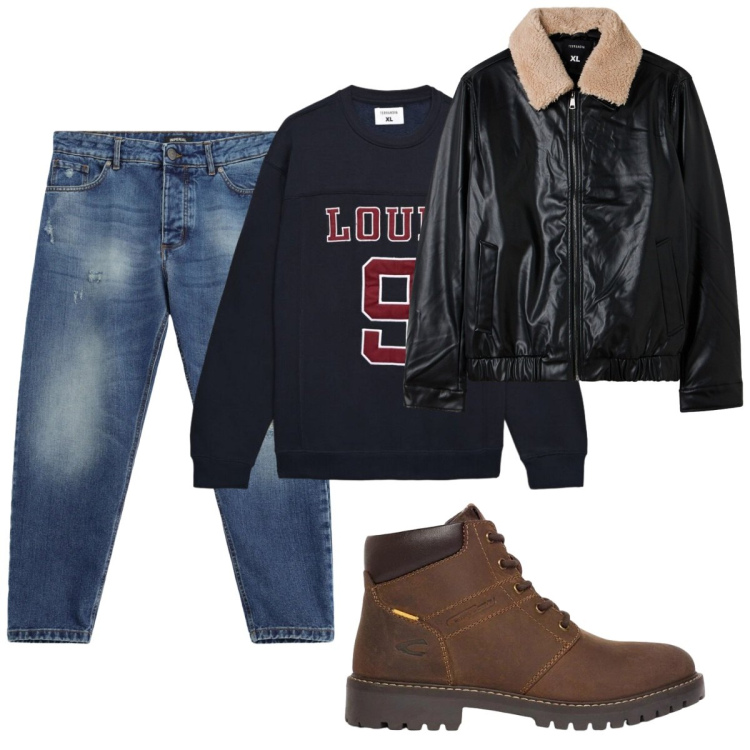 Outfit uomo - Total look #2492809. Stile Casual per Tutti i giorni. Abbinamento con jeans strappati, felpe, bomber, stivali e stivaletti.