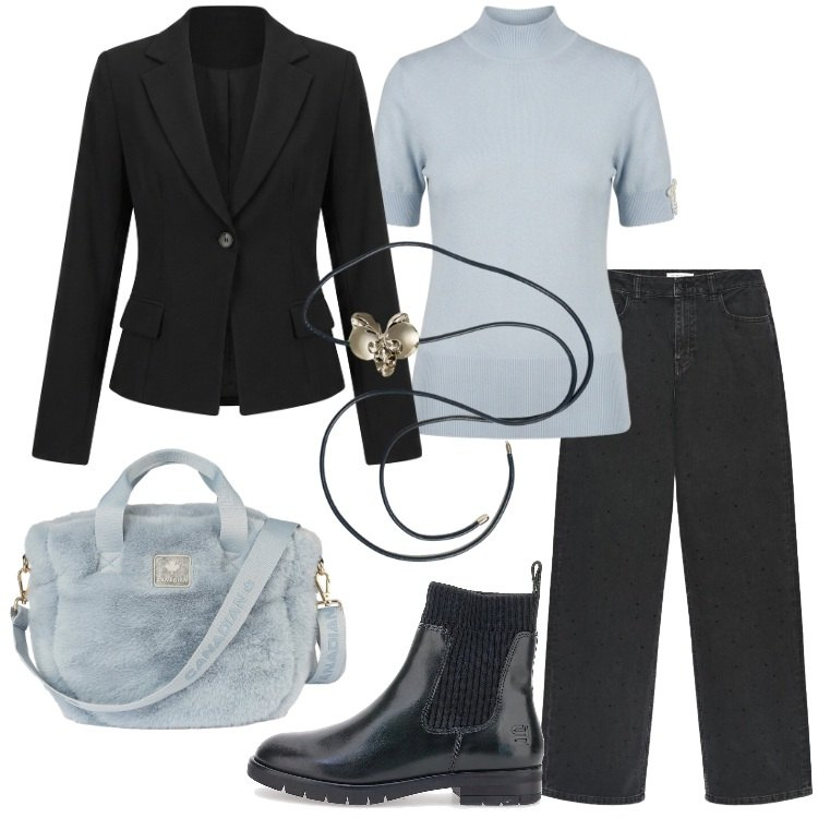 Outfit donna - La Capsule Wardrobe. Stile Urban per Scuola/Università. Abbinamento con borse tote, blazer, t-shirt, cinture, jeans, stivaletti.