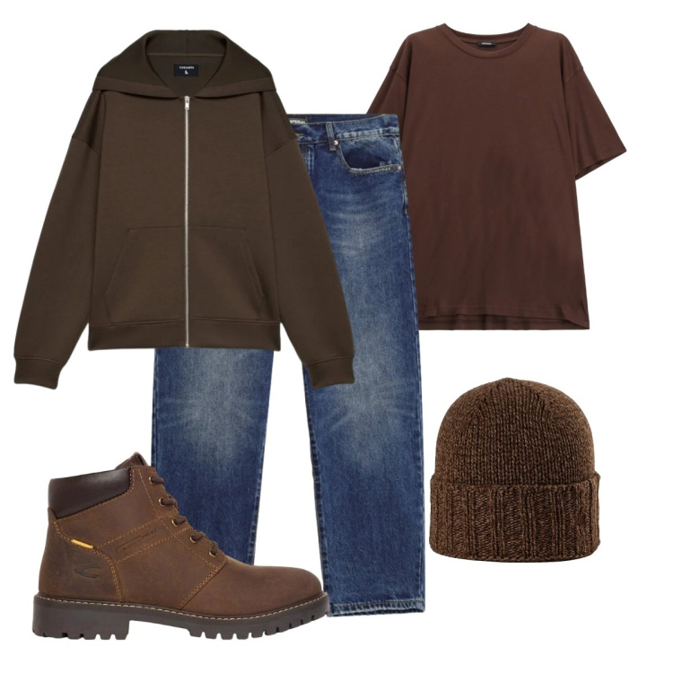Outfit uomo - Colori di tendenza. Stile Urban per Tutti i giorni. Abbinamento con t-shirt, jeans dritti, berretti, felpe con cappuccio, stivali e stivaletti.