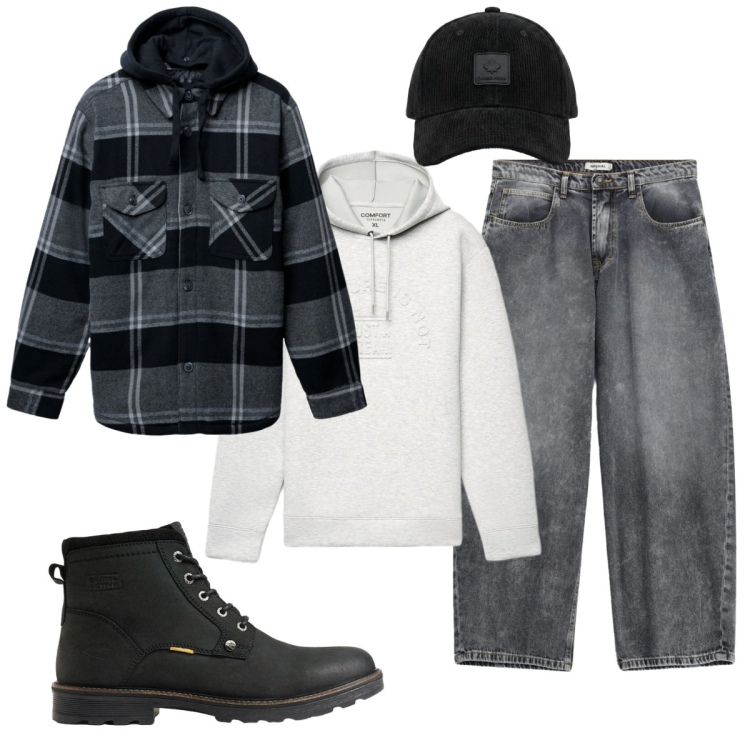 Outfit uomo - La giacca camicia. Stile Urban per Tutti i giorni. Abbinamento con jeans, cappelli con visiera, giacche, felpe con cappuccio, stivali e stivaletti.