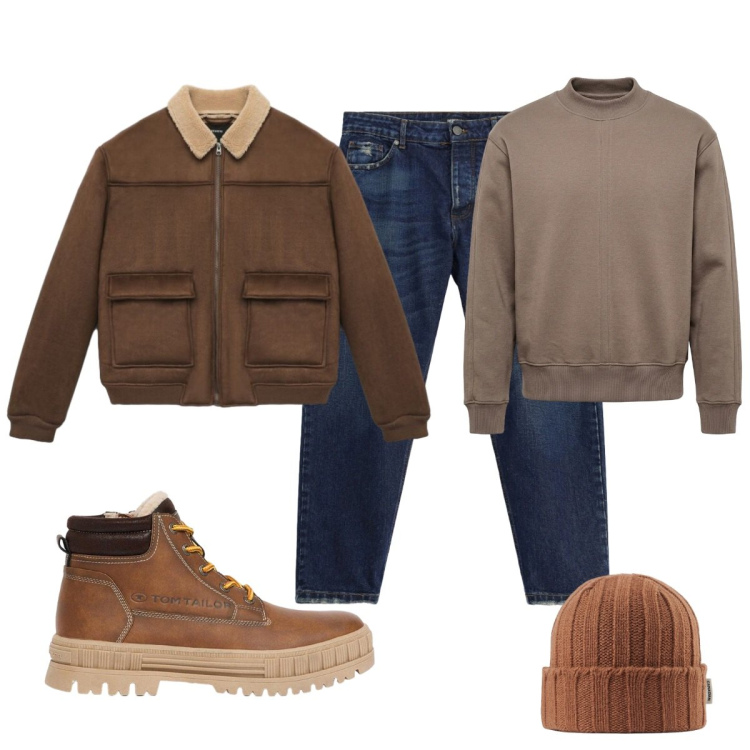Outfit uomo - Total look #2492814. Stile Casual per Tutti i giorni. Abbinamento con jeans, felpe, berretti, giacche, stivali e stivaletti.