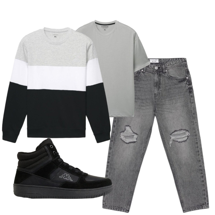 Outfit uomo - Total look #2492816. Stile Casual per Tutti i giorni. Abbinamento con felpe, jeans strappati, t-shirt, sneakers alte.