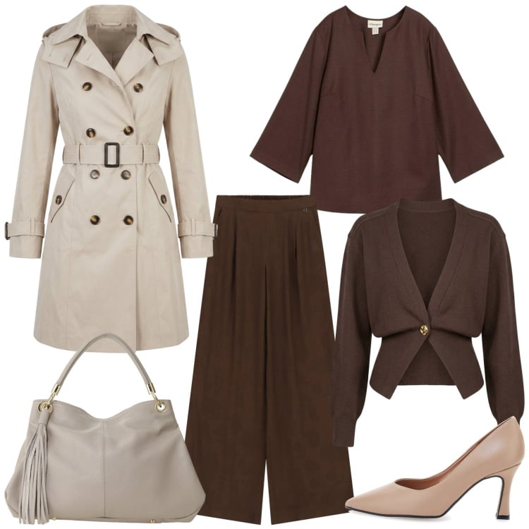 Outfit donna - Smart Layering Strategy. Stile Casual chic per Tutti i giorni. Abbinamento con borse a spalla, pantaloni a palazzo, cardigans, trench, décolleté, tuniche.