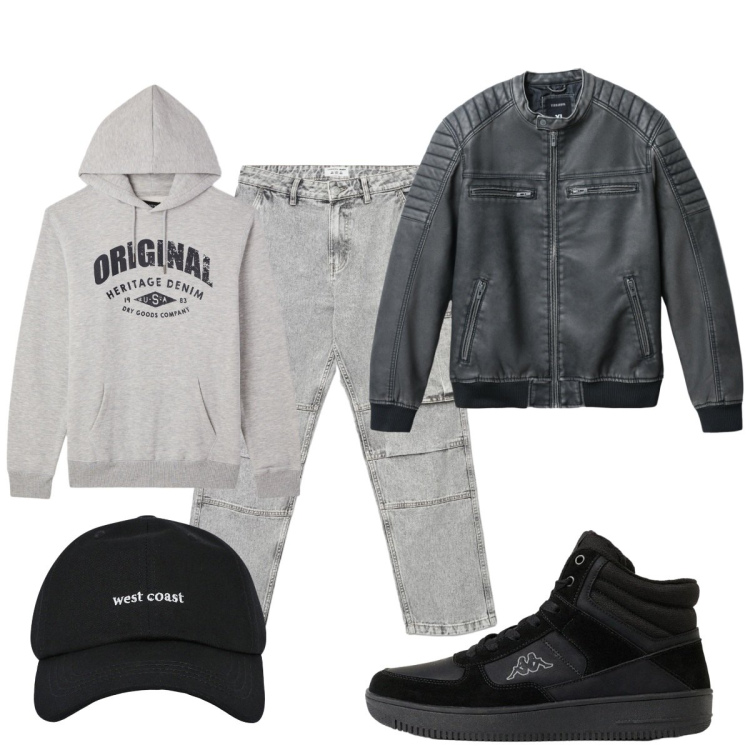 Outfit uomo - Total look #2492818. Stile Casual per Tutti i giorni. Abbinamento con cappelli con visiera, giacche, jeans, felpe con cappuccio, sneakers alte.