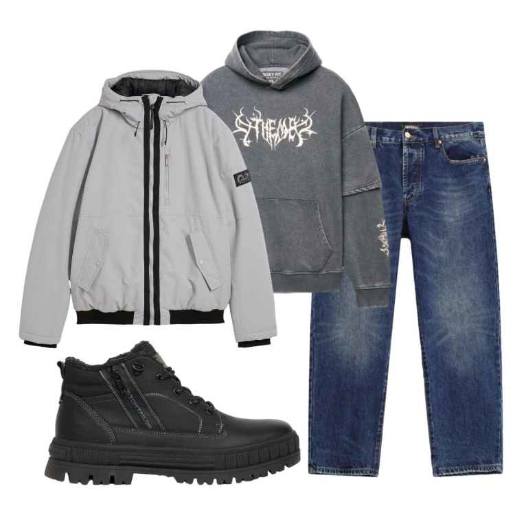 Outfit uomo - Total look #2492819. Stile Casual per Tutti i giorni. Abbinamento con jeans dritti, felpe con cappuccio, bomber, stivali e stivaletti.