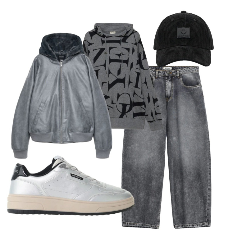 Outfit uomo - Total look #2492820. Stile Trendy per Tutti i giorni. Abbinamento con jeans, sneakers, cappelli con visiera, bomber, felpe con cappuccio.