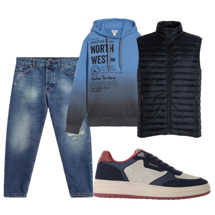 Outfit uomo - Total look #2492821. Stile Casual per Tutti i giorni. Abbinamento con jeans strappati, sneakers, piumini, felpe con cappuccio.