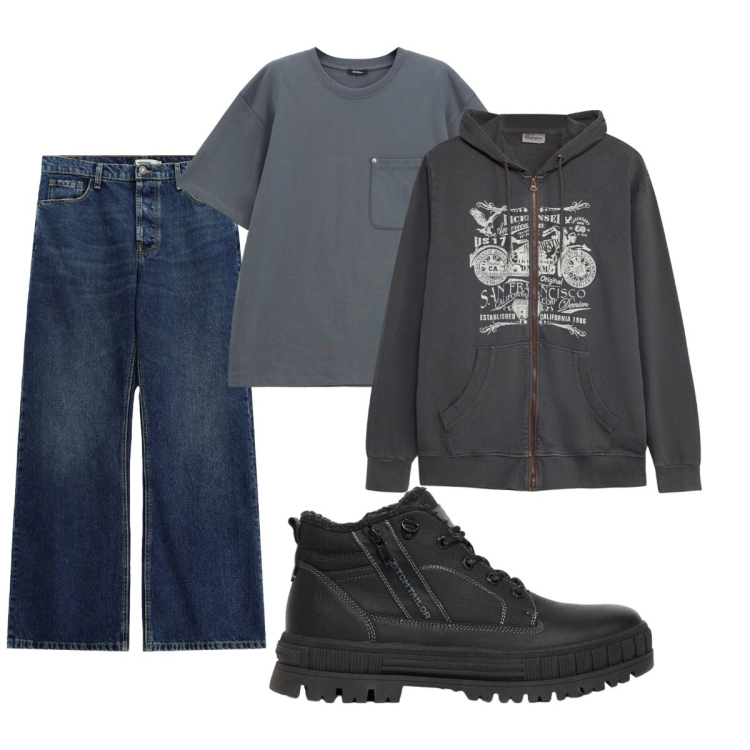 Outfit uomo - Total look #2492825. Stile Casual per Tutti i giorni. Abbinamento con jeans, t-shirt, felpe con cappuccio, stivali e stivaletti.