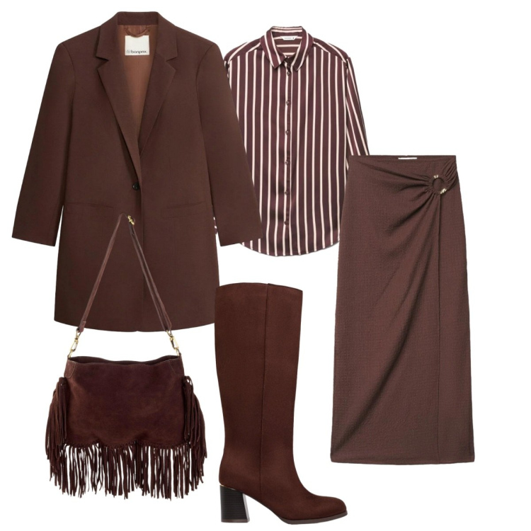 Outfit donna - Il colore di tendenza. Stile Glamour per Tutti i giorni. Abbinamento con gonne lunghe, camicie, stivali, borse a tracolla, blazer.