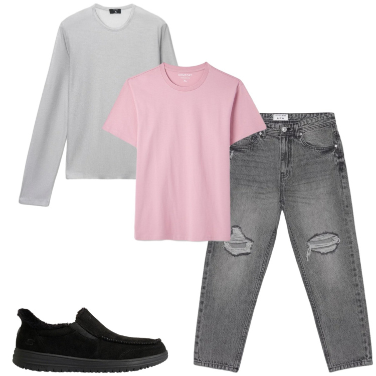 Outfit uomo - Total look #2492828. Stile Trendy per Tutti i giorni. Abbinamento con maglieria, jeans strappati, t-shirt, sneakers.