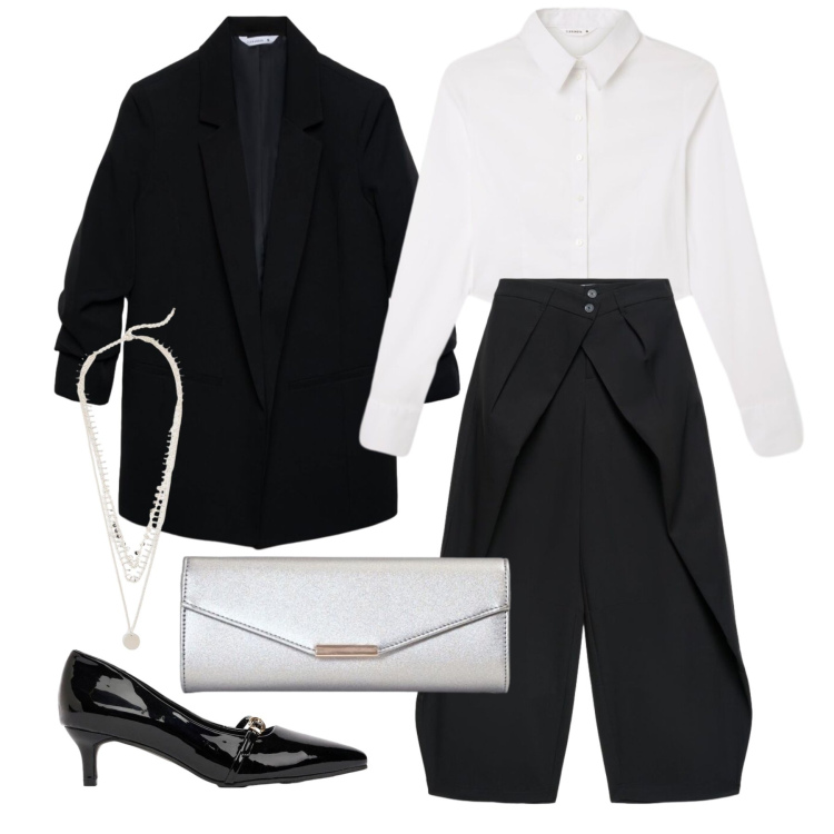Outfit donna - Ottobre. Stile Chic per Cerimonia. Abbinamento con clutch, pantaloni, camicie, blazer, collane, décolleté.