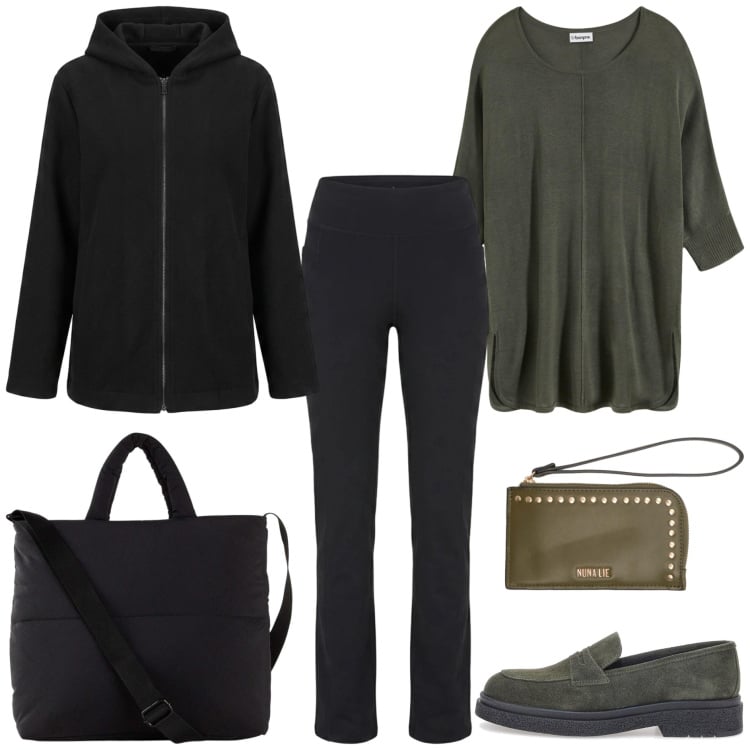 Outfit donna - Layering basic. Stile Basic per Tutti i giorni. Abbinamento con cappotti, portafogli, mocassini, pantaloni, maglieria, shopping bag.