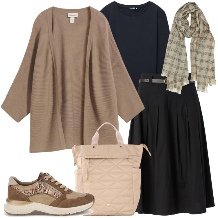 Outfit donna - Weekend out of Town. Stile Casual chic per Tutti i giorni. Abbinamento con gonne longuette, t-shirt, sneakers, sciarpe, cardigans, zaini.