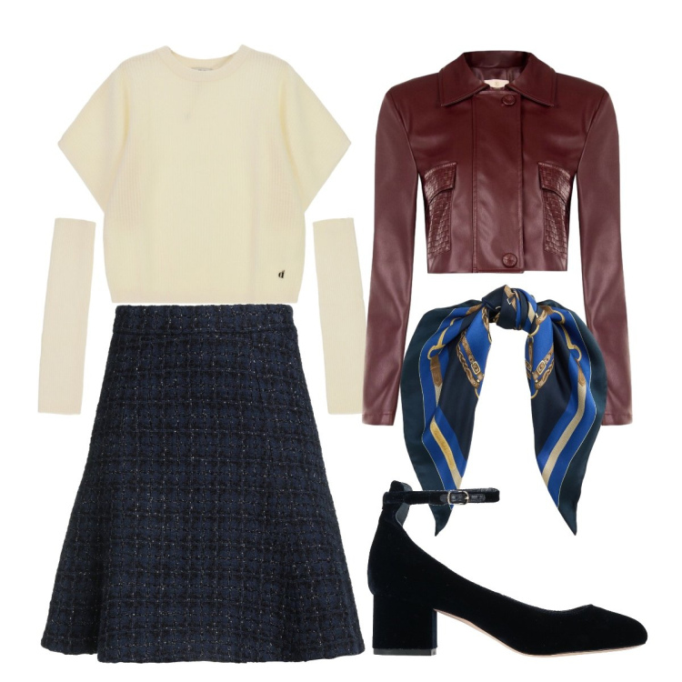 Outfit donna - Weekend Out of Town. Stile Bon Ton per Serata fuori. Abbinamento con foulard, giacche, maglieria, décolleté, minigonne.