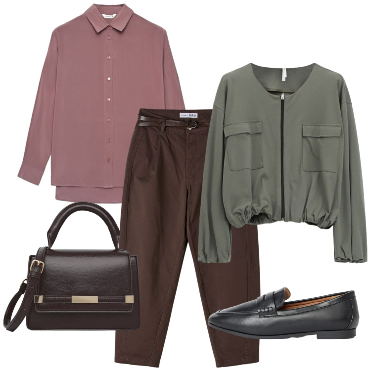 Outfit donna - Cipolla. Stile Bon Ton per Ufficio. Abbinamento con bomber, pantaloni, borse a tracolla, camicie, mocassini.