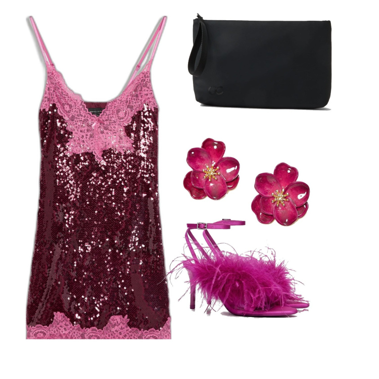Outfit mujer - Sexy look. Estilo Sexy para Noche/Fiesta elegante. Combinación con sandalias de tacón, pendientes, pochette, vestidos cortos.