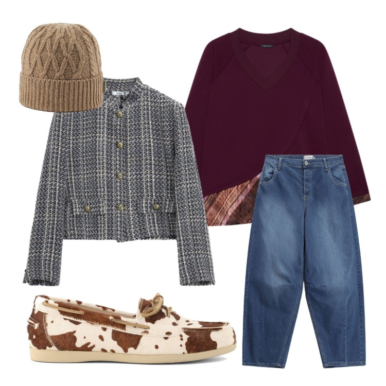 Outfit donna - La mattina fa freddo. Stile Casual per Tutti i giorni. Abbinamento con felpe, jeans, cappotti, berretti, mocassini.