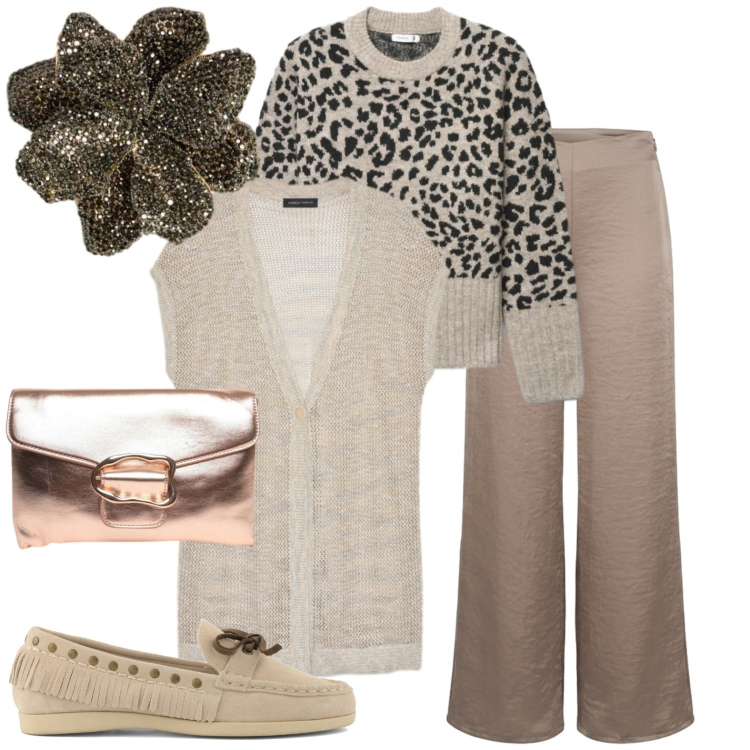Outfit donna - Weekend fuori casa. Stile Casual per Tutti i giorni. Abbinamento con maglieria, pantaloni a palazzo, blazer, clutch, maglieria, mocassini.