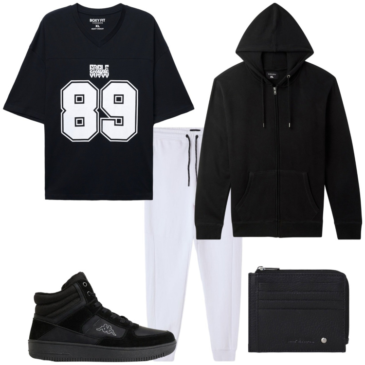 Outfit uomo - Total look #2492862. Stile Casual per Tutti i giorni. Abbinamento con portafogli, felpe con cappuccio, t-shirt, pantaloni, sneakers alte.