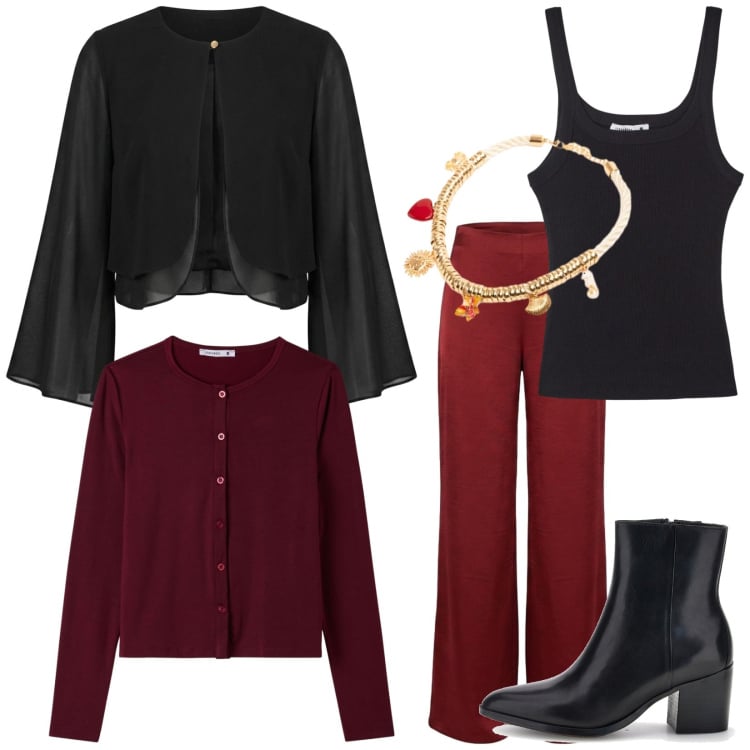 Outfit donna - Basta un cambio di giacca. Stile Vintage retrò per Tutti i giorni. Abbinamento con pantaloni a palazzo, blazer, collane, cardigans, canottiere, stivaletti.