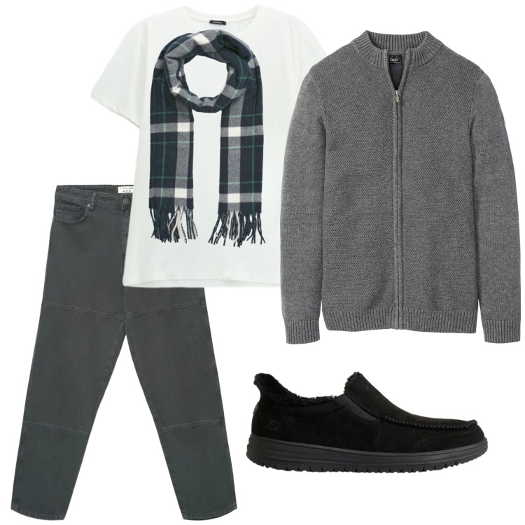 Outfit uomo - Total look #2492867. Stile Casual per Tutti i giorni. Abbinamento con t-shirt, sciarpe, jeans, cardigans, sneakers.