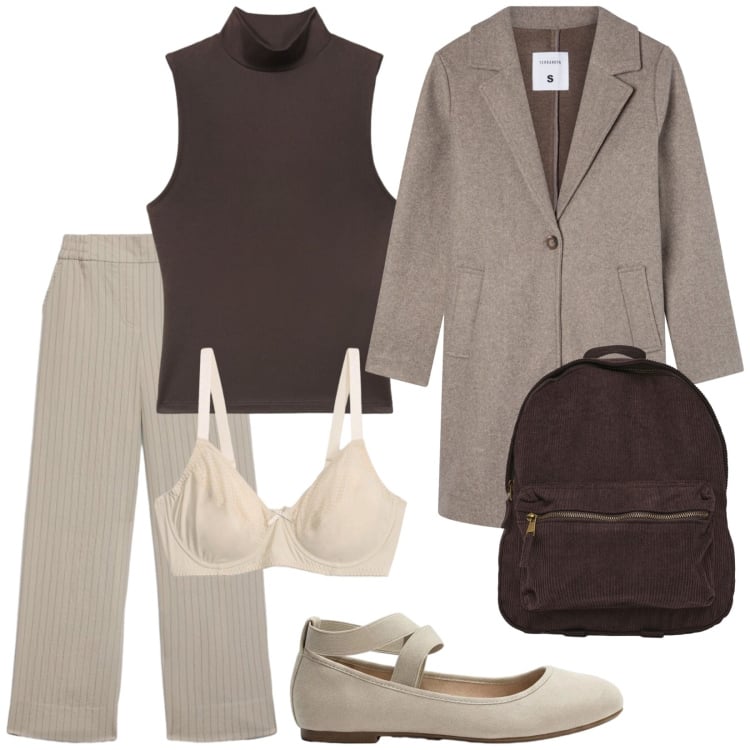 Outfit donna - Brown. Stile Basic per Tutti i giorni. Abbinamento con cappotti, pantaloni, zaini, top, ballerine, reggiseni.