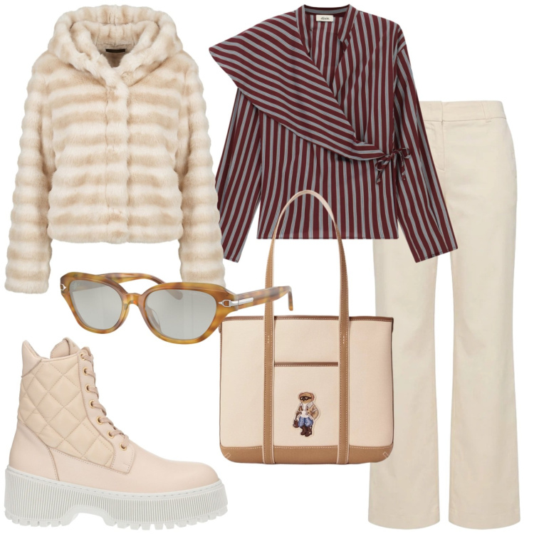 Outfit donna - Fine settimana in viaggio. Stile Casual per Tutti i giorni. Abbinamento con pantaloni, occhiali da sole, borse tote, camicie, blazer, anfibi.