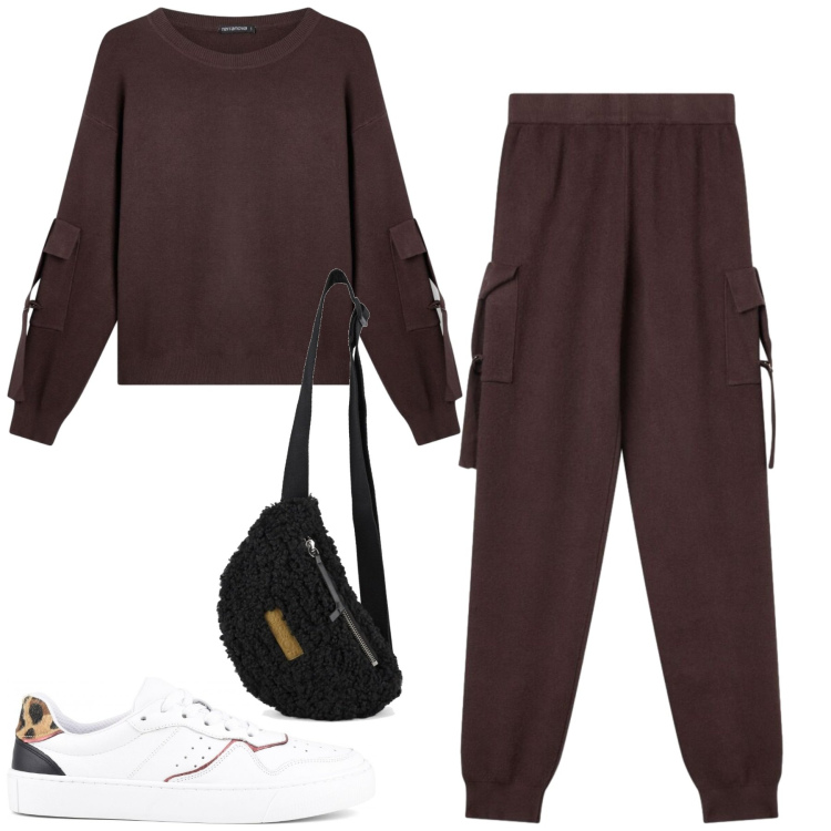 Outfit donna - Ottobre. Stile Casual per Tutti i giorni. Abbinamento con maglieria, pantaloni cargo, marsupi, sneakers.