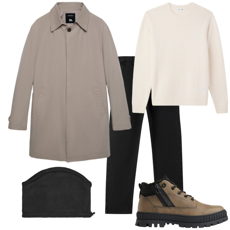 Outfit uomo - Total look #2492873. Stile Casual per Tutti i giorni. Abbinamento con pantaloni chino, trench, pullovers, scaldacollo, stivali e stivaletti.