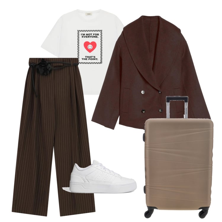 Outfit donna - Sempre pronta!. Stile Urban per Tutti i giorni. Abbinamento con caban, pantaloni a palazzo, t-shirt, valigie, sneakers.